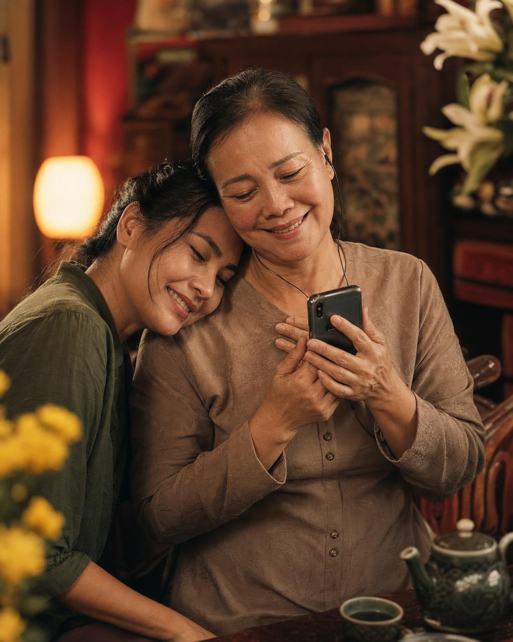 Mẹ và con gái cùng nghe bài hát được viết riêng